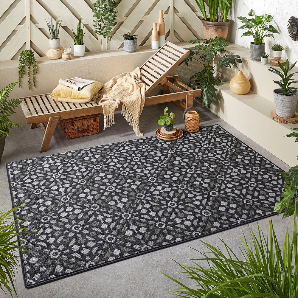 Monaco Mosaic Indoor Outdoor Modern Rugs in Charcoal Grey